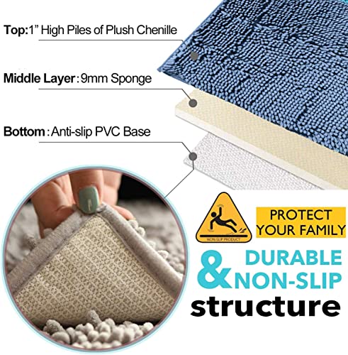 Bathroom Rugs Sets 3 Piece Chenille Bath Mats Anti-Slip Bath Rugs With Soft Plush Pvc Backing Water Absorbent Carpet 1'' Quick Dry Microfiber Toilet Mat, Haze Blue #TOP3