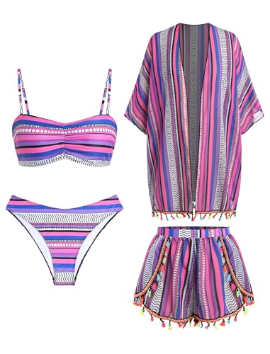 Image of ZAFUL Women 4pcs Ruched Striped Bikini Set High Cut Swimsuit with Sheer Fringed Cover Up Side Slit Shorts