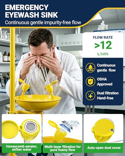 Image of 304 Stainless Steel Combination Emergency Eye Wash Shower Station, Industrial & Commercial Level with Emergency Sign, Safety Eyewash Stations OSHA Approved (ABS Enhanced)