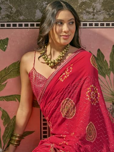 Image of SIRIL Women's Georgette Bandhani Printed Saree With Unstitched Blouse Piece