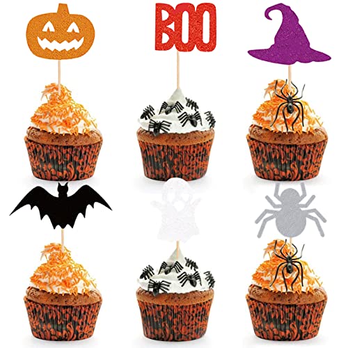 UXYOKM 24Pcs Halloween Cupcake Toppers Pumpkin Witch Hat Ghost Spider Bats Boo Cupcake Picks Halloween Themed Party Baby Shower Birthday Cake Decorations Supplies