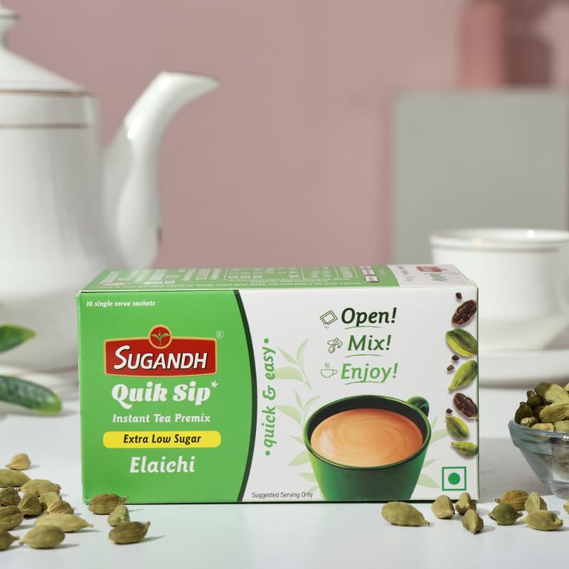 Image of Sugandh Quik Sip Instant Elaichi Chai Premix Unsweetened (Pack of 2) - Single Serve Sachets - 2 Boxes of 10 Sachets each