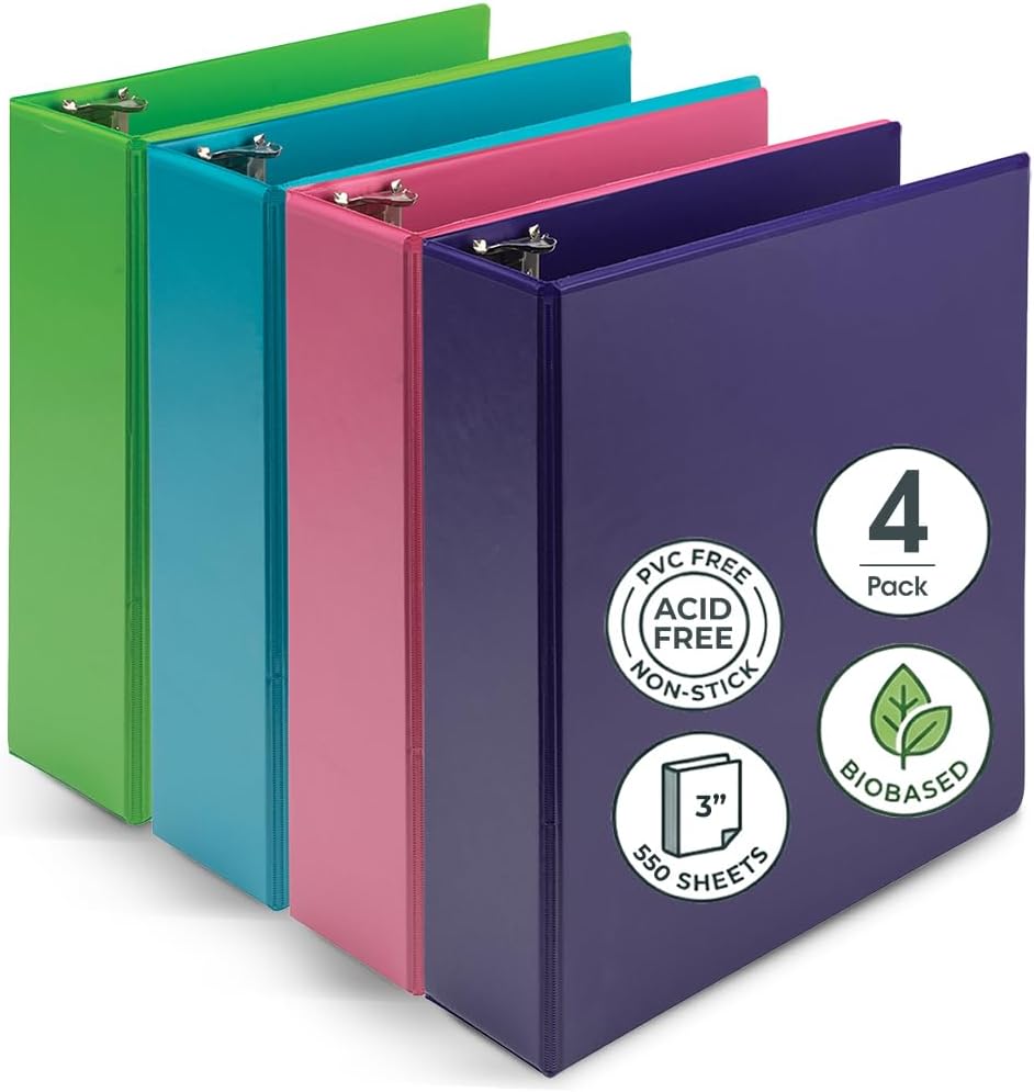 Samsill BioBinder 3 Inch (4-Pack) - Durable Plant-Based 3 Ring View Binder, USDA Certified Biobased, Customizable Nonstick Cover & Spine - 550 Sheet Capacity, Letter Size School Office Organizer