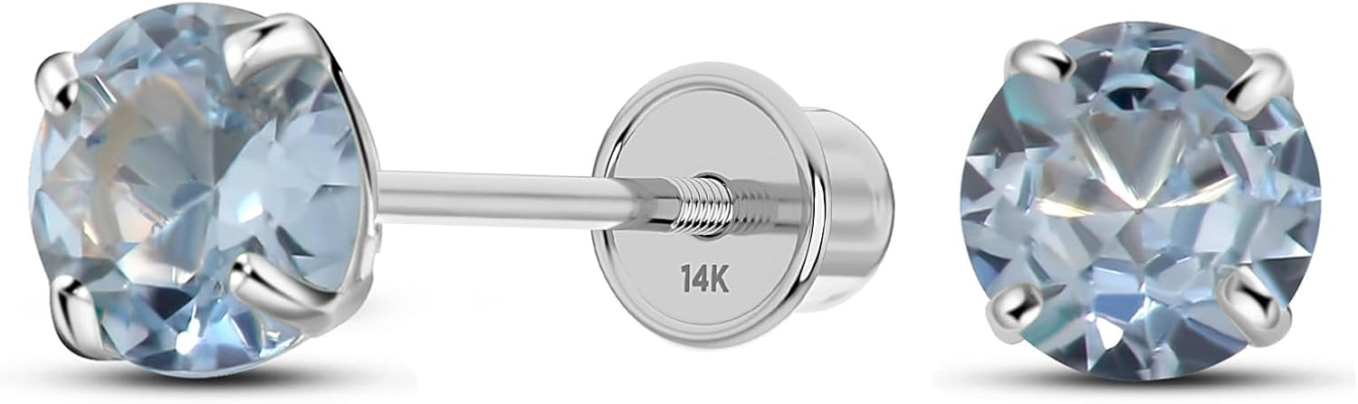 Solid 14K White Gold Round Solitaire Simulated-Birthstone Minimalist Stud Earring with Comfort Screw Backing