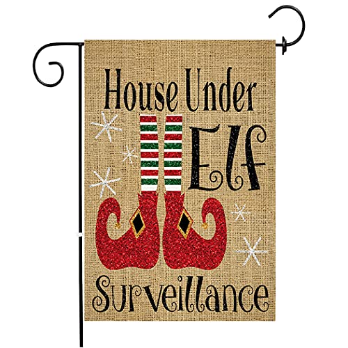 Chengxun Christmas Elf Garden Flag Elf Surveillance Yard FlagÂ Christmas Welcome Flag Santa Elf Christmas Outdoor Decor Double Sided Burlap Flag 12.5Ã—18 inch