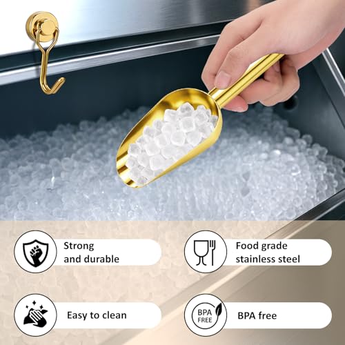 Image of Juome 6oz Stainless Steel Ice Scoop for Freezer with Magnetic Holder, Metal Ice Scoop for Ice Machine, Small Ice Cube Scooper for Freezer Bin for Ge Profile Opal 2.0 Nugget Ice Maker (Gold)