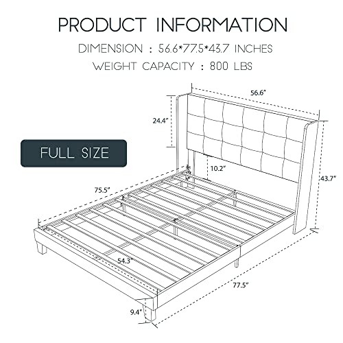 Einfach Full Upholstered Wingback Platform Bed Frame With Headboard/Mattress Foundation With Wood Slat Support And Square Stitched Headboard/No Box Spring Needed/Easy Assembly, Dark Grey #TOP1