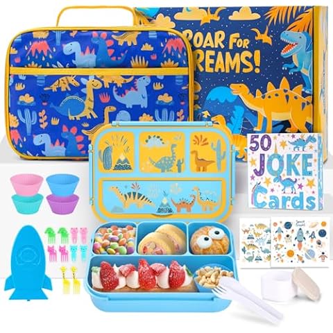 QQKO Bento Box for Kids with Insulated Lunch Bag, Kids Toddler Lunch Box Containers for Boys, School Dinosaur lunch Box Set with 4 Compartments, Ice Packs, Utensils, Sauce Container, Muffin Cups Cover