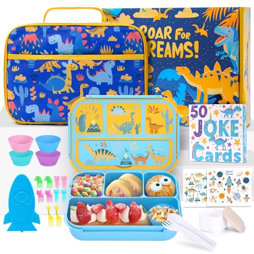 QQKO Bento Box for Kids with Insulated Lunch Bag, Kids Toddler Lunch Box Containers for Boys, School Dinosaur lunch Box Set with 4 Compartments, Ice Packs, Utensils, Sauce Container, Muffin Cups