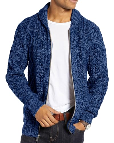 Ryannology Mens Shawl Neck Cardigan Sweater Cable Knit Zip Up Closure with Pockets Winter Sweaters Outerwear, Navy, XX-Large