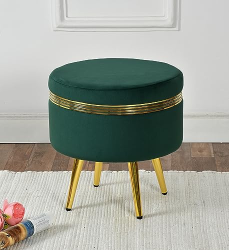 Image of NACIA Ottoman Pouffe Stool for Living Room Sitting, Green (16x16x17 inch) - Round Footstool /Foot Rest with 4 Wooden & Golden Metal Legs for Dressing Table, Home Decor, Balcony, Bedroom