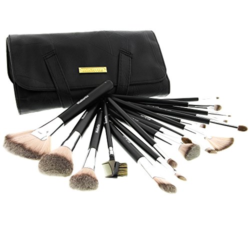 MINITURTLE Case Compatible w/ Cosmetic Makeup Brush Premium 18 Piece Cosmetic Makeup Brush Set - Real Wood Handle - w/ Faux Leather Carrying Clutch Storage Case (Elegant Black)