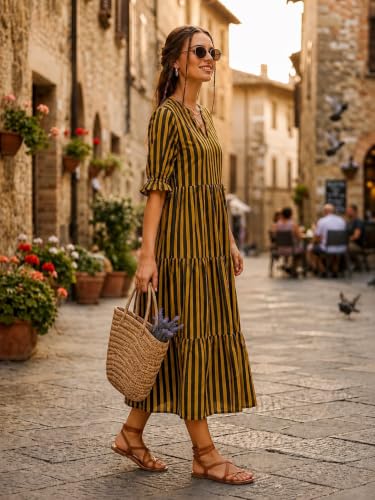 Image of Women's Striped Midi Dress with V-Neck, Yellow and Black