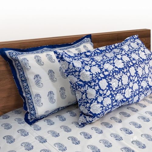 Image of TOAI Hand Block Printed Bedsheet | Bed Spread Flatsheet Bed Sheet | Pure Cotton | Queen Size 90 inchx108 inch | 210 TC Long Staple Cotton | 2 Reversible Pillow Covers |Blue Paan on White