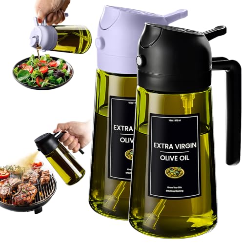 Image of CXINYI - 16oz /470ml Olive Oil Dispenser for Kitchen with Stickers - 2 in 1 Olive Oil Sprayer for Cooking, Air Fryer, and Salad, Black&Purple (Light-Proof Kitchen Gadget)