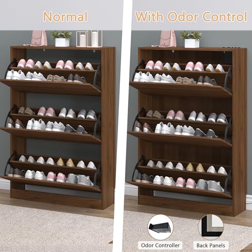 Image of BORNOON Shoe Cabinet with Odor Control and Back Panels, Deodorizing Slim 3-Flip Shoe Storage Cabinet for Entryway, Freestanding Hidden Shoe Rack Organizer for Entrance, Hallway, Bedroom