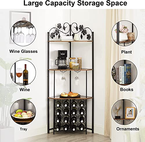 Vecelo 3-Tier Corner Wine Rack Freestanding Floor With Glass Holder, 16 Bottles, Wooden Home Liquor Bar Cabinet Storage Display Shelf For Kitchen Dining Room, Rustic Brown #TOP3