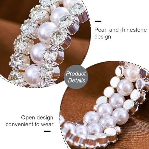 Pearl Rhinestone Bracelet Silver Layered Bracelets for Women Vintage White Pearl Bracelet Adjustable Open Bangle for Wedding4