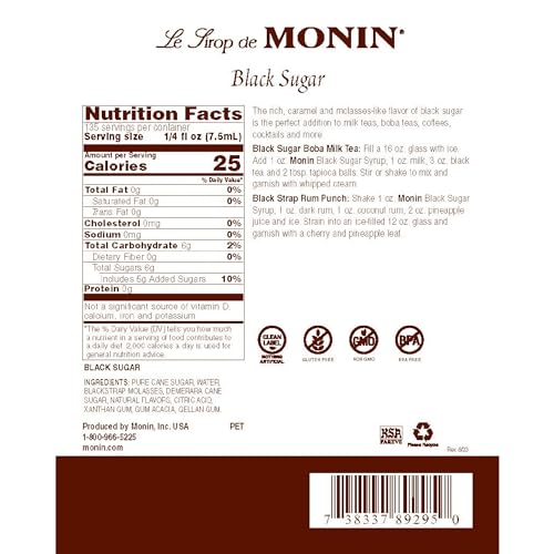 Image of Monin - Black Sugar Syrup, Versatile Flavor, Natural Flavors, Great for Coffees, Cocktails, Shakes, and Kids Drinks, Non-GMO, Gluten-Free (1 Liter)
