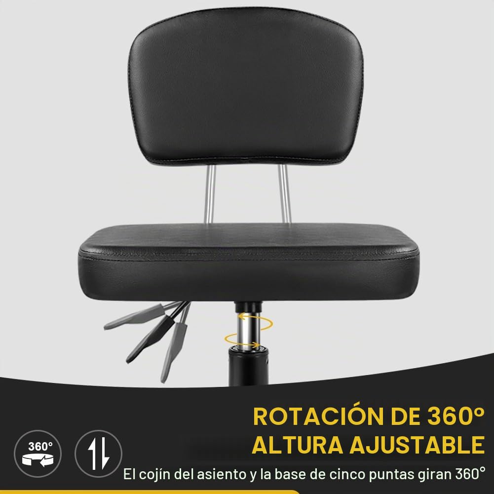 WKWKER Taburete con ruedas con respaldo de altura ajustable, taburete giratorio de 360° con ruedas, asiento cuadrado, taburete de piel sintética para dormitorio, mostrador, tienda, salón, masaje