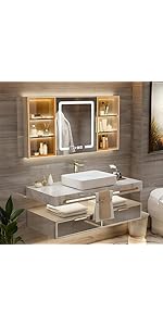 Diagram illustrating pre-installation requirements for plumbing and electrical connections for a bathroom vanity and mirror.