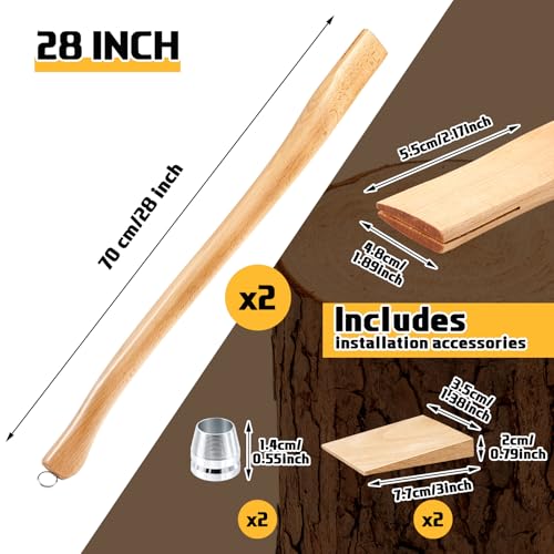 Bucherry 2 Pcs 28 Inches Single Bit Axe Handle Replacement Beech Wood Axe Handle with Wooden Wedge and Steel Wedge for Hand Axes and Camp Axes - Thumbnail 2