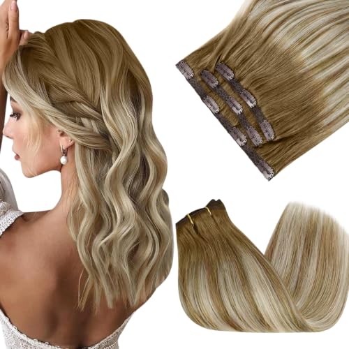 Image of Sunny Hair Clip in Hair Extensions Real Human Hair Brown Ombre 20 Inch | Remy Hair Extensions Clip in Human Hair Light Brown Ombre Balayage Platinum Blonde, Lightweight Movement for Date Night 85g