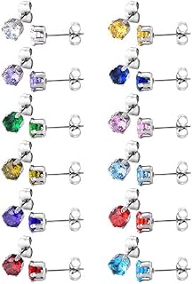 12 Pairs Stud Earrings Stainless Steel Ear Studs Round Cubic Zircon Earring for Women Girls, 12 Colors