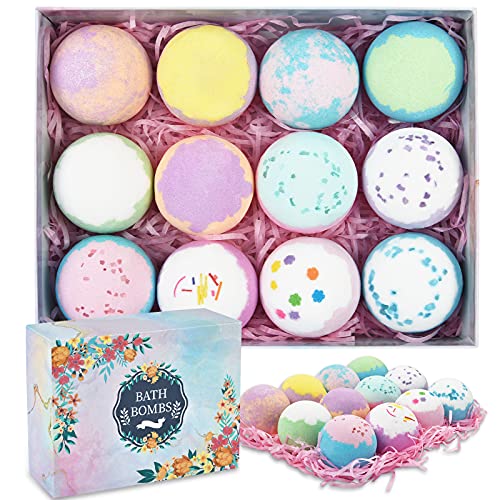 Bath Bombs for Women, 12 Organic Bath Bombs with All-Natural Essential Oils, Handmade Colorful Bath Bombs Kit Fizzies Spa Dry Skin Moisturize for Kids Birthday Mother's Valentines Day (12 x 2.8 oz)