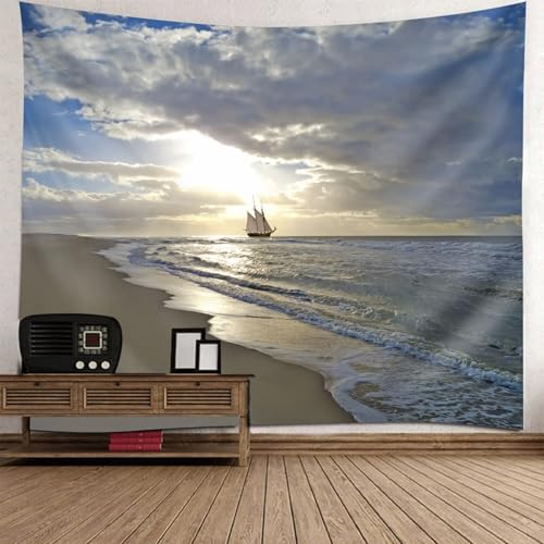 Skcess Tapiz de poliéster de 200 x 200 cm, verde claro, mar y barco