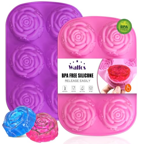 Walfos Rose Ice Cube Mold 2.8 Inch Soap Mold Make 12 Cute Flower Shape Ice. BPA Free and Dishwasher Safe.Release Easily.Perfect for Soap Cocktails Juice Whiskey Jelly Chocolate etc.(Set of 2 Pink)