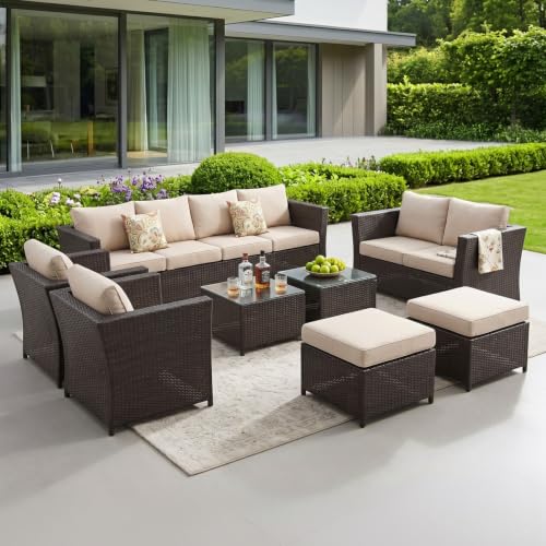 DEVOKO Outdoor 10-Seater Wicker Patio Conversation Set with Sofa, Ottoman & Coffee Table Strong Metal Frame, UV-Resistant, Water-Resistant Cushions(Da