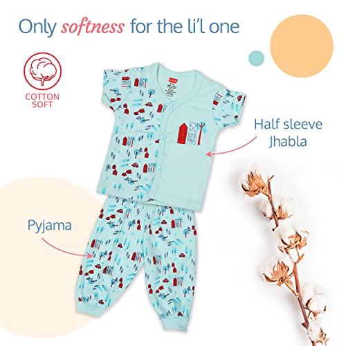 Image of LuvLap Newborn Baby Garment Gift Set, Pack of 8, Pastel Green All Over Print, Short-Sleeve Jhabla, Pyjama,Half-Sleeve Onesie, Cotton Bib, Cap, a Pair of Booties, a Pair of Mittens & 1 Hooded Towel