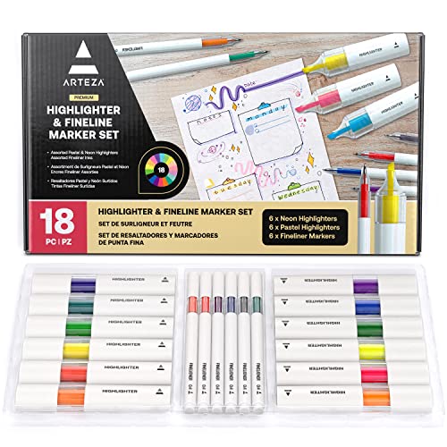 ARTEZA Highlighters – 18-Piece Set of Neon and Pastel Colors with Fineliner Pens for Journaling, Study, Planning & Note Taking, No-Bleed Ink