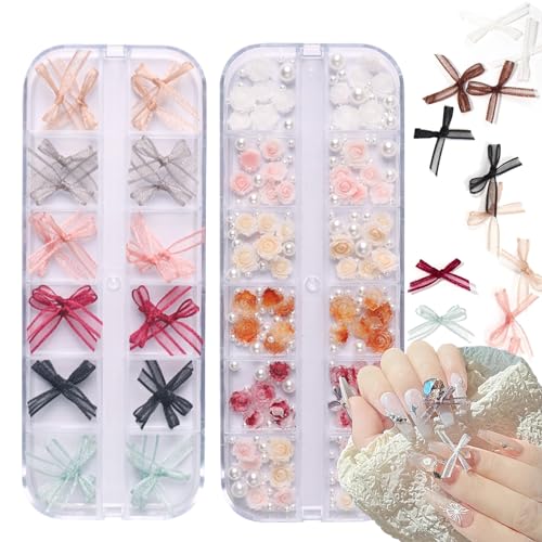 XEAOHESY 96pcs Nail Art Charms, 24pcs Organza Bow Nail Charms, 72pcs Rose Flower Nail Charms, Pearls Nail Charms, 3D Flower for Nails, Nail Art Accessories for Women Girls Nail Art Decoration