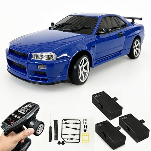 Skymaker 1/18 RC Drift Car with 3 Batteries Gyro LDRC LD1899 GTR R34 2.4GHz RWD Drifting Drift Cars for Adults with Alloy Car Shell(Blue)