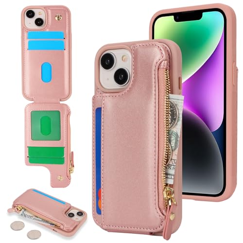 Étui portefeuille pour iPhone 14 et 13 avec porte-cartes zippé or rose