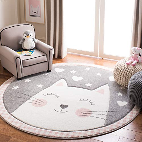SAFAVIEH Carousel Kids Collection 8' Round Pink/Grey CRK134P Cat Non-Shedding Nursery Playroom Area Rug