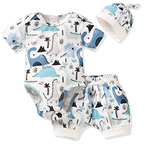 HINTINA Preemie Newborn Infant Baby Boys Outfits Dinosaur Bodysuit Romper Short Pants Hats 3Pcs Summer Clothes Set