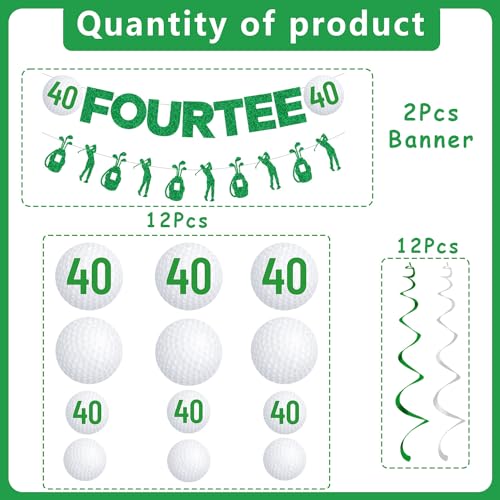 Image of Gameza 40th Birthday Party Decorations, 14PCS Golf Birthday Banner Hanging Swirls Decoration Women Men, Glitter Fourtee Theme Bday Party Decor Supplies