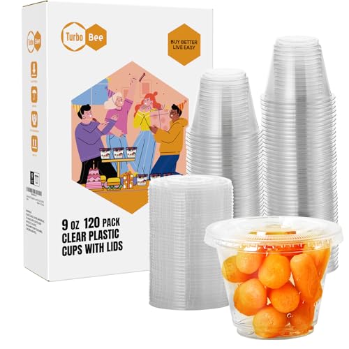 Turbo Bee 120 Pack 9 OZ Clear Plastic Cups with Flat Lids, Disposable Dessert Cups with Lids for Fruit, Snack Smoothie, Pudding and Ice Cream (No Hole)