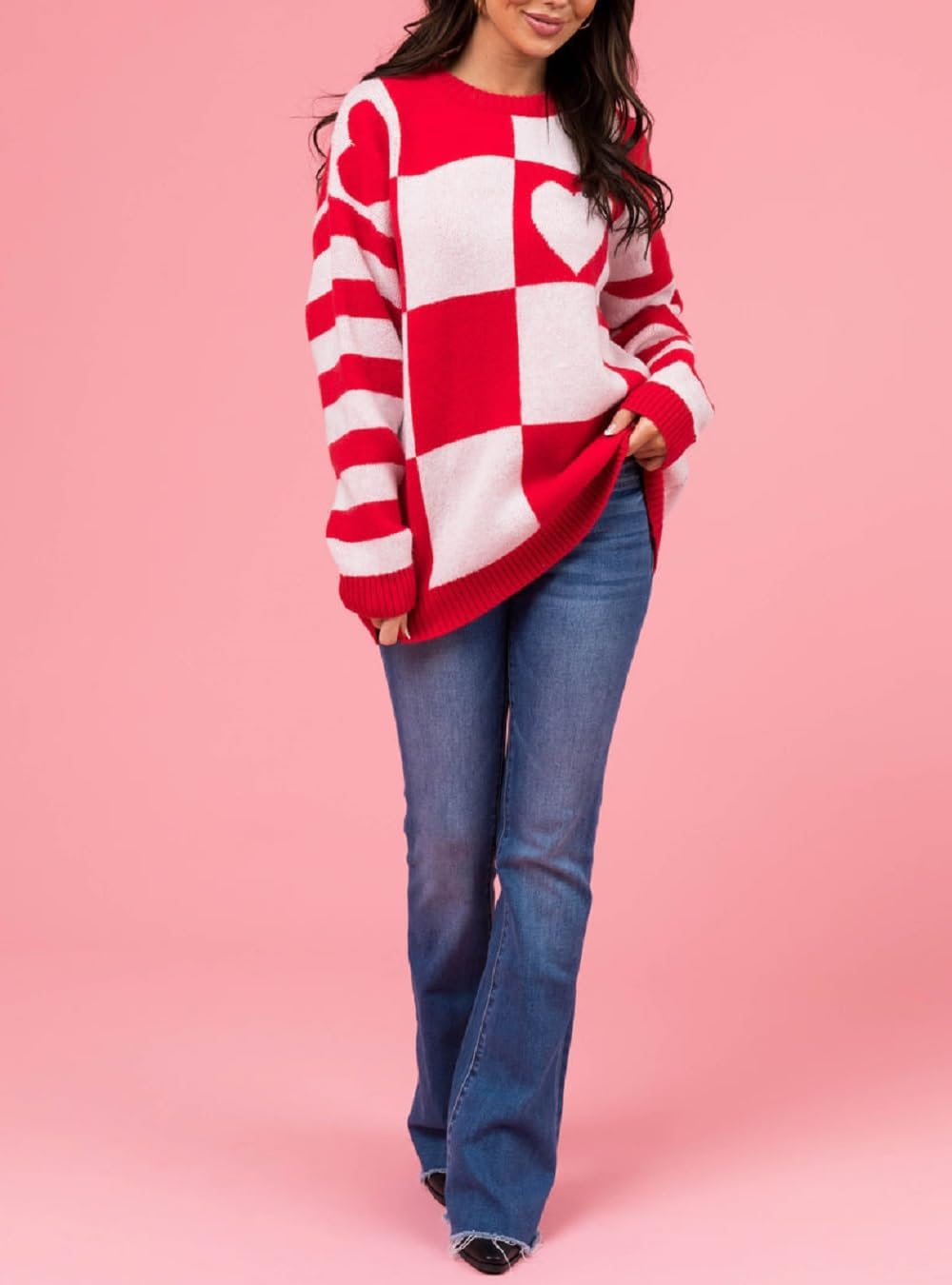 Women Heart Print Knit Sweater Valentine’s Day Love Heart Pullover Sweater Oversized Long Sleeve Jumper Top - Image 6