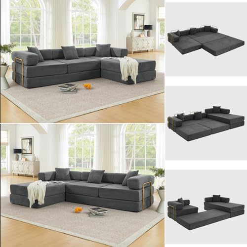 Image of HANXIN 108 inch Modular Sectional Sofa, Futon Convertible Sofa Bed,Oversized Corduroy Boneless Couch for Living Room,Floor Loveseat Sleeper with Pull Out Bed,Free Combination,No Assembly Required (Grey)
