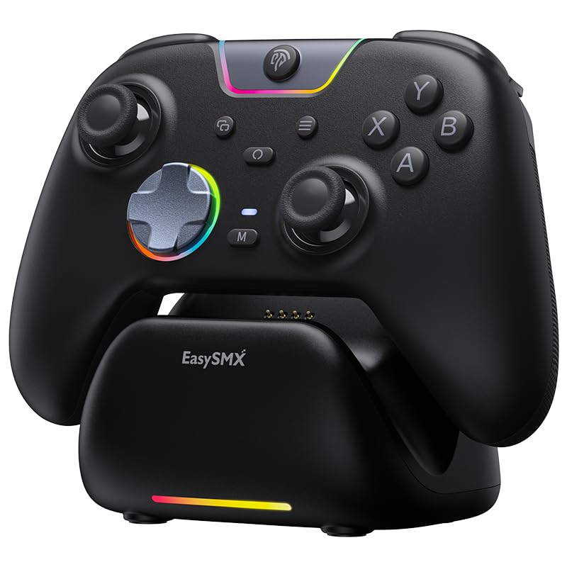 Image of EasySMX X05Pro Wireless PC Gaming Controller with Smart Charging Dock - Full Quiet Buttons, Dual-Stage Linear Triggers, 8-Way D-Pad, Programmable Buttons, Hall Effect Joysticks, 1000mAh Long Battery Life, 1000Hz Polling Rate, Compatible with PC /Switch /Android /iOS, Black.