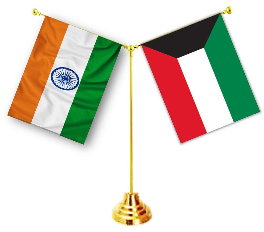 KUWAIT & INDIA Miniature Flags - Shining Cotton Cloth with Y-Shape Classy Brass Base Table Stand-picture-44