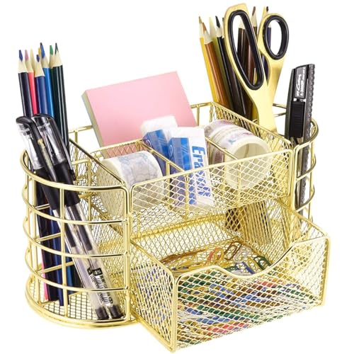 Image of 9 Compartment Metal Desk Organizer & Makeup Storage Holder with Detachable Drawer | Multi-Purpose Stationery, Cosmetic & Office Desk Organizer for Home, Study Table & Vanity (Gold)