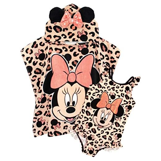 Disney Minnie Mouse - Conjunto de traje de baño y poncho de toalla con capucha para niña, talla única, traje de baño para niños, toalla de baño infantil con orejas 3D, regalo rosa, rosa, 3-4 años