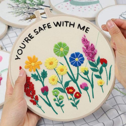 Image of Louise Maelys inchYou're Safe with Me inch Embroidery Kit for Beginners Floral | Cross Stitch Kits with Pre-Printed Fabric, Hoop, Threads, Needles and Guide. Needlepoint Kit for DIY Lovers