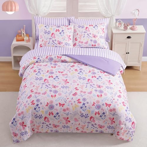 AMBERSPACE Twin XL Comforter Set for Girls Butterfly Botanical Flowers Bedding Set All Season Kids Bed in a Bag Dorm 5 Pieces with Sheets Pillowcase & Sham