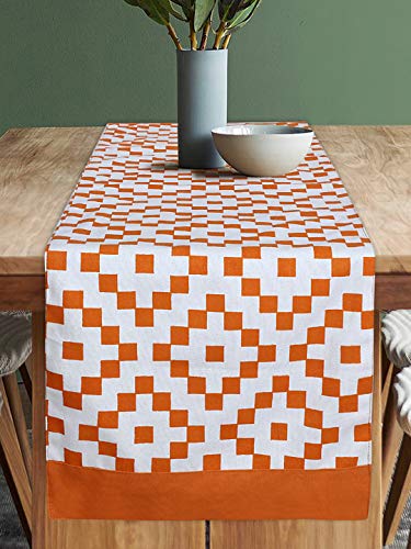 Image of Dekor World Fun with Checks Printed Orange Table Runner (33x120cm) (Pack of 1)-4 Seater Dinning & Center Table (4 Seater (33x120cm), Orange)
